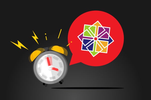 Alarm clock ringing with a speech bubble containing the CentOS logo hovering above